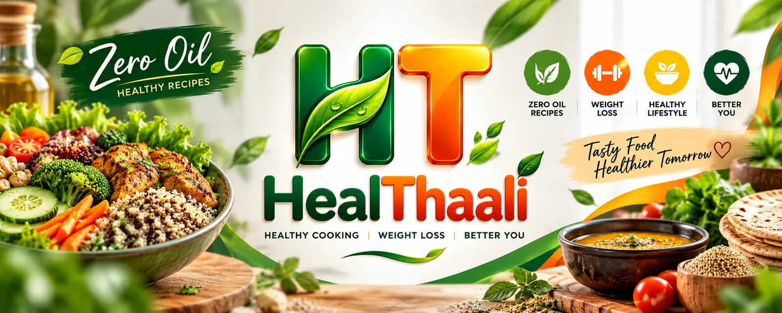HealThaali brand banner: a bowl of salad and grilled protein with the HT monogram, the wordmark HealThaali, the tagline Healthy Food Happier You and the four promises zero-oil recipes, weight loss, healthy lifestyle and better you
