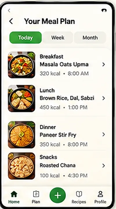Meal plan screen listing breakfast, lunch, dinner and snacks with calories and times, with today, week and month views