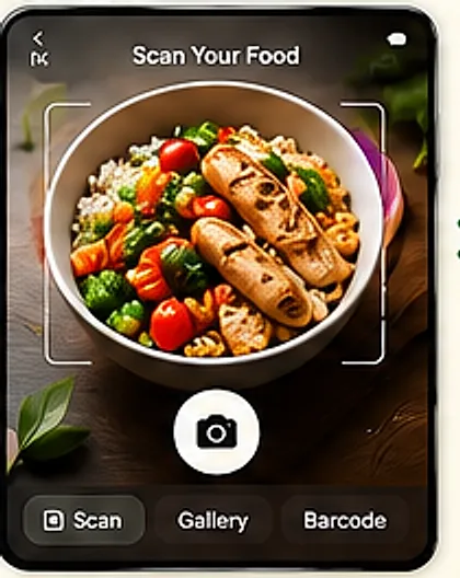 Scan your food screen with a camera viewfinder over a plated meal and scan, gallery and barcode options